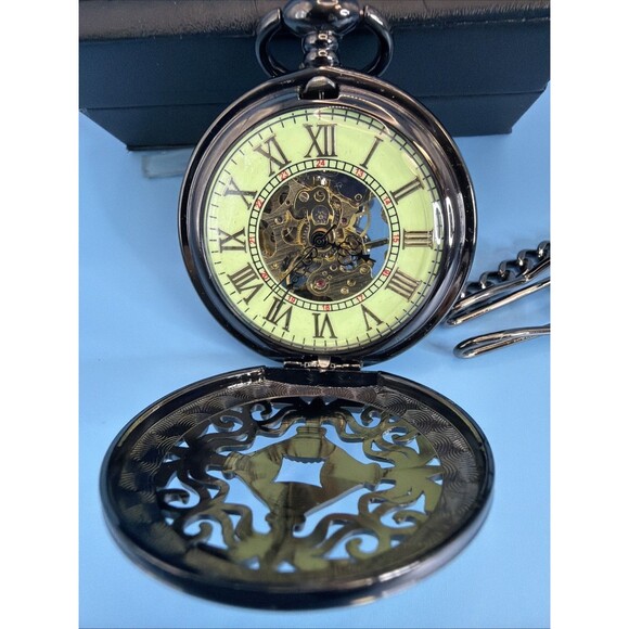 Other - NEW In Box SEWOR Pocket Watch Mechanical Skeleton, Gold With Black Case